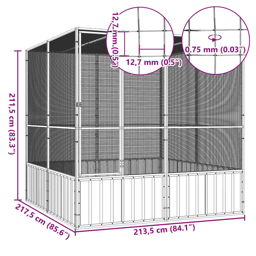 Kavez za ptice sivi 213,5x217,5x211,5 cm od pocinčanog čelika
