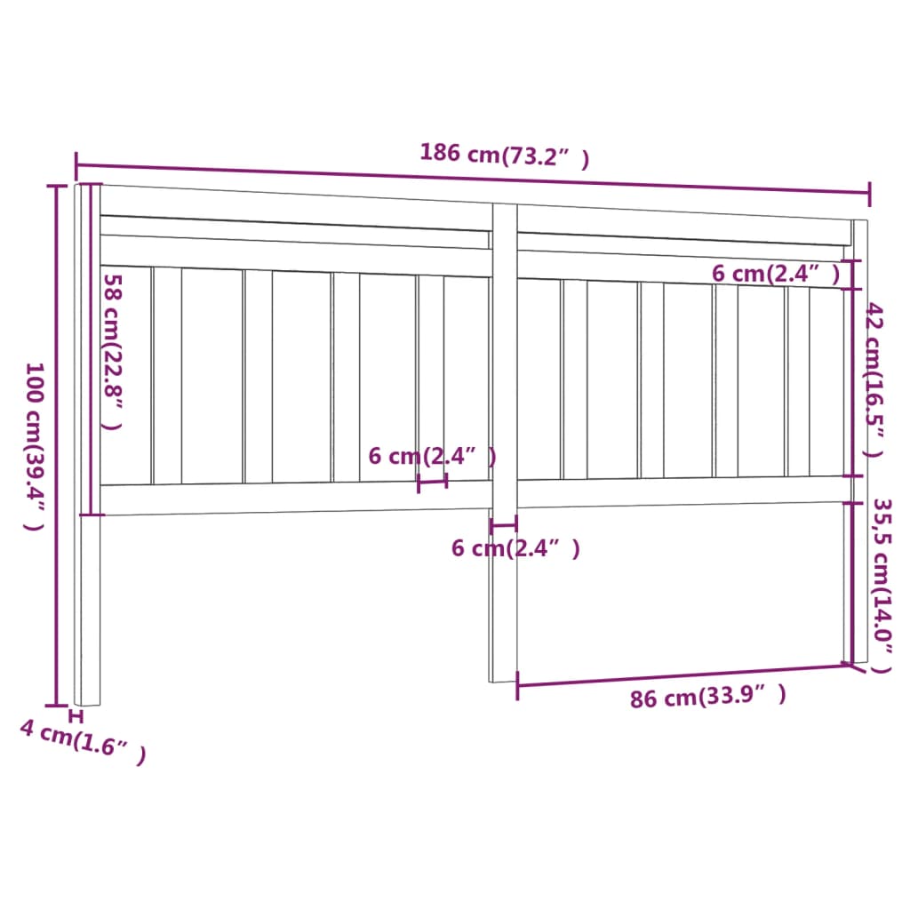 Uzglavlje za krevet sivo 186 x 4 x 100 cm od masivne borovine