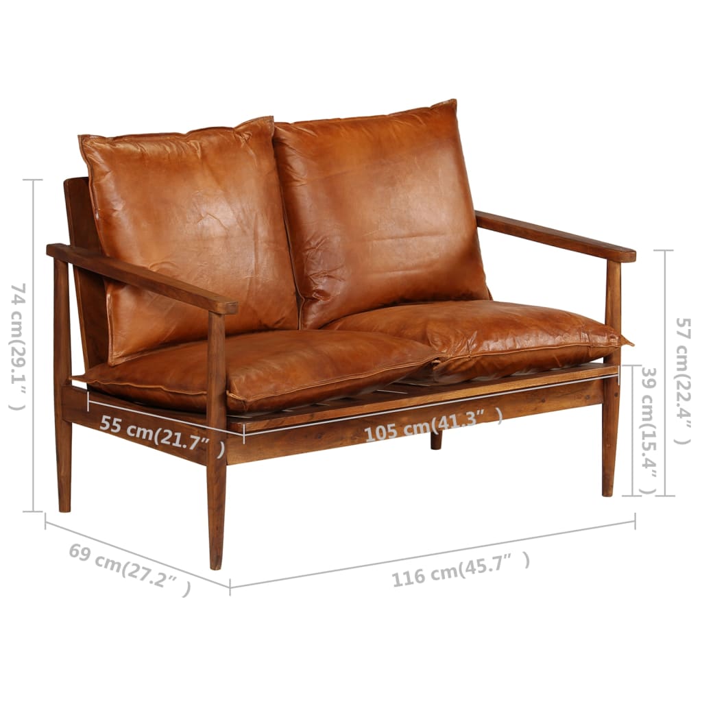 2-dijelni set sofa od prave kože i masivnog drva bagrema smeđi