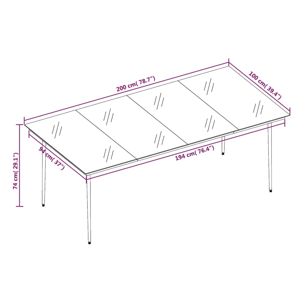Vrtni blagovaonski stol crni 200 x 100 x 74 cm čelik i staklo