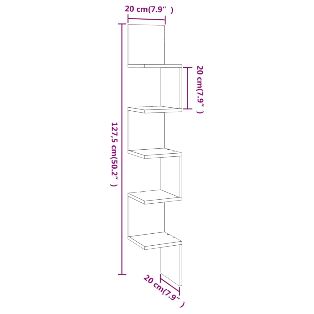Kutna zidna polica boja hrasta 20x20x127,5 cm konstruirano drvo
