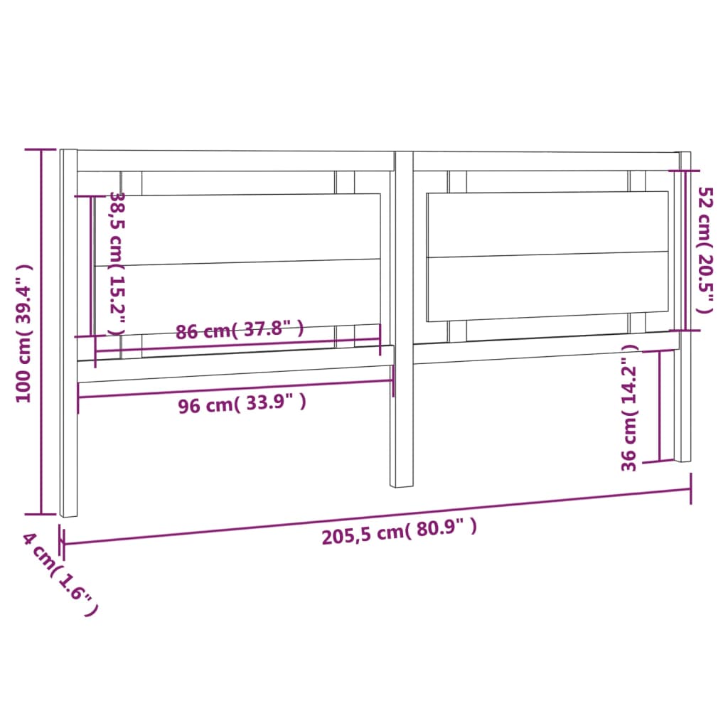 Uzglavlje za krevet crno 205,5 x 4 x 100 cm od masivne borovine