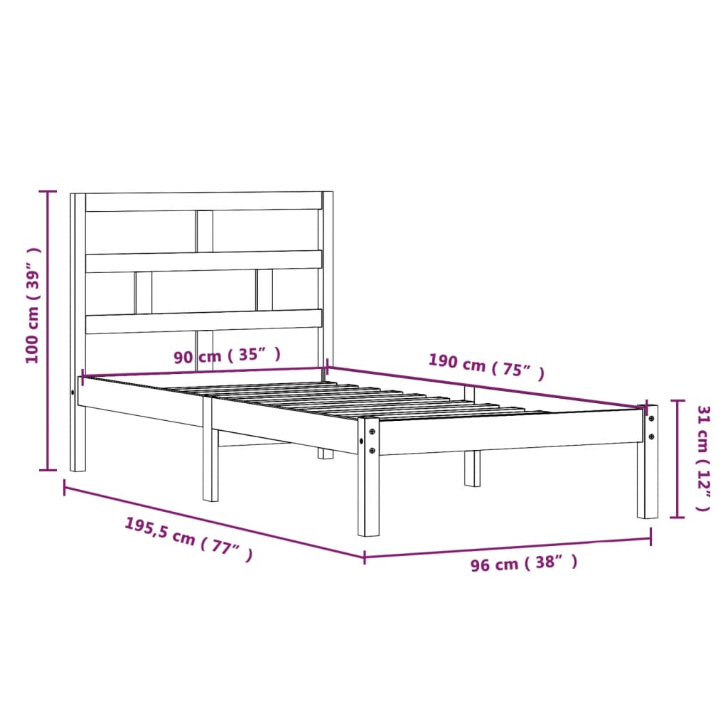 Okvir za krevet 90 x 190 cm jednokrevetni od masivnog drva