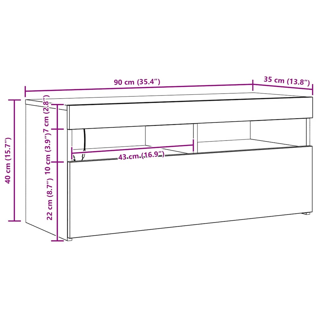 TV ormarić s LED svjetlima boja dimljenog hrasta 90x35x40 cm