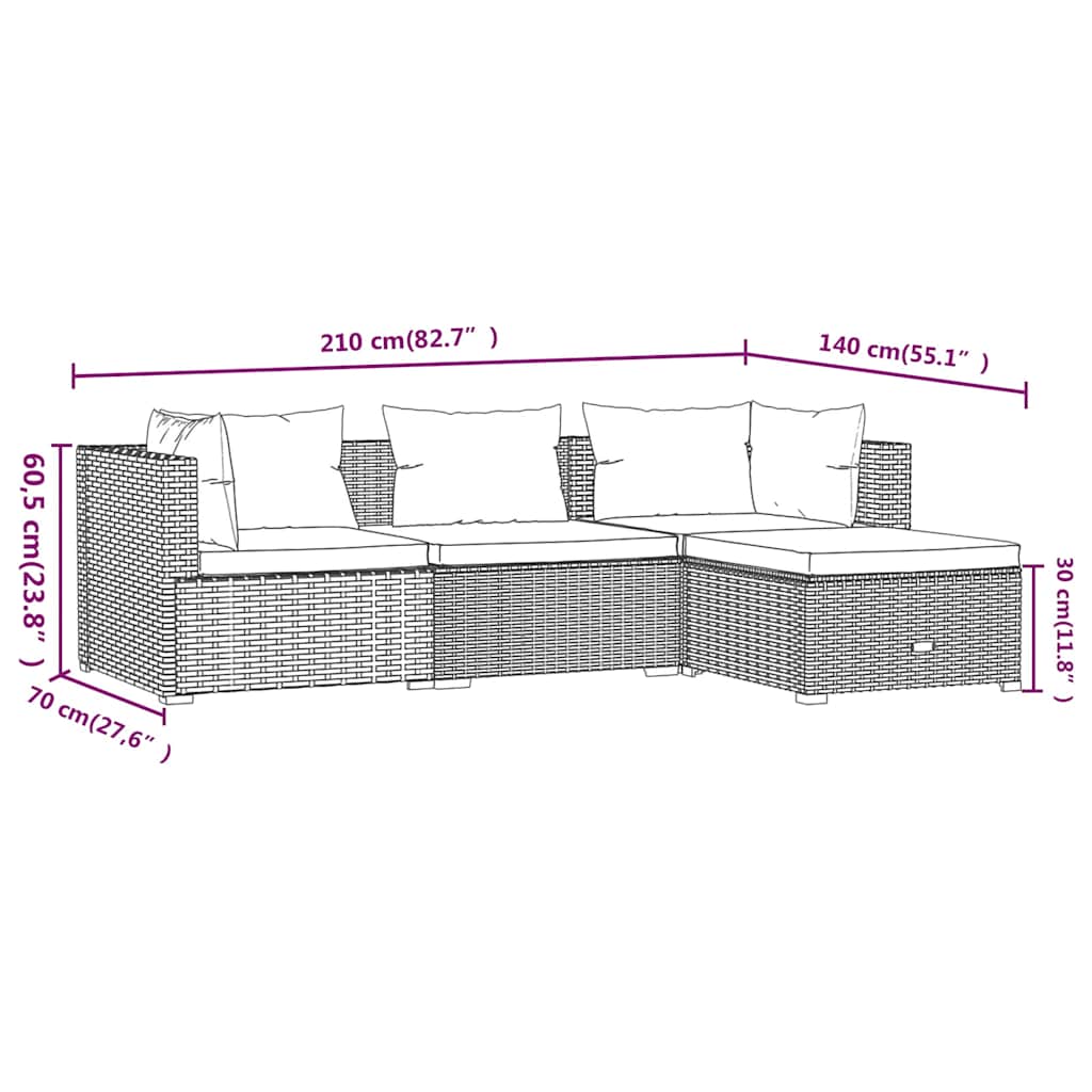 4-dijelna vrtna garnitura od poliratana s jastucima smeđa