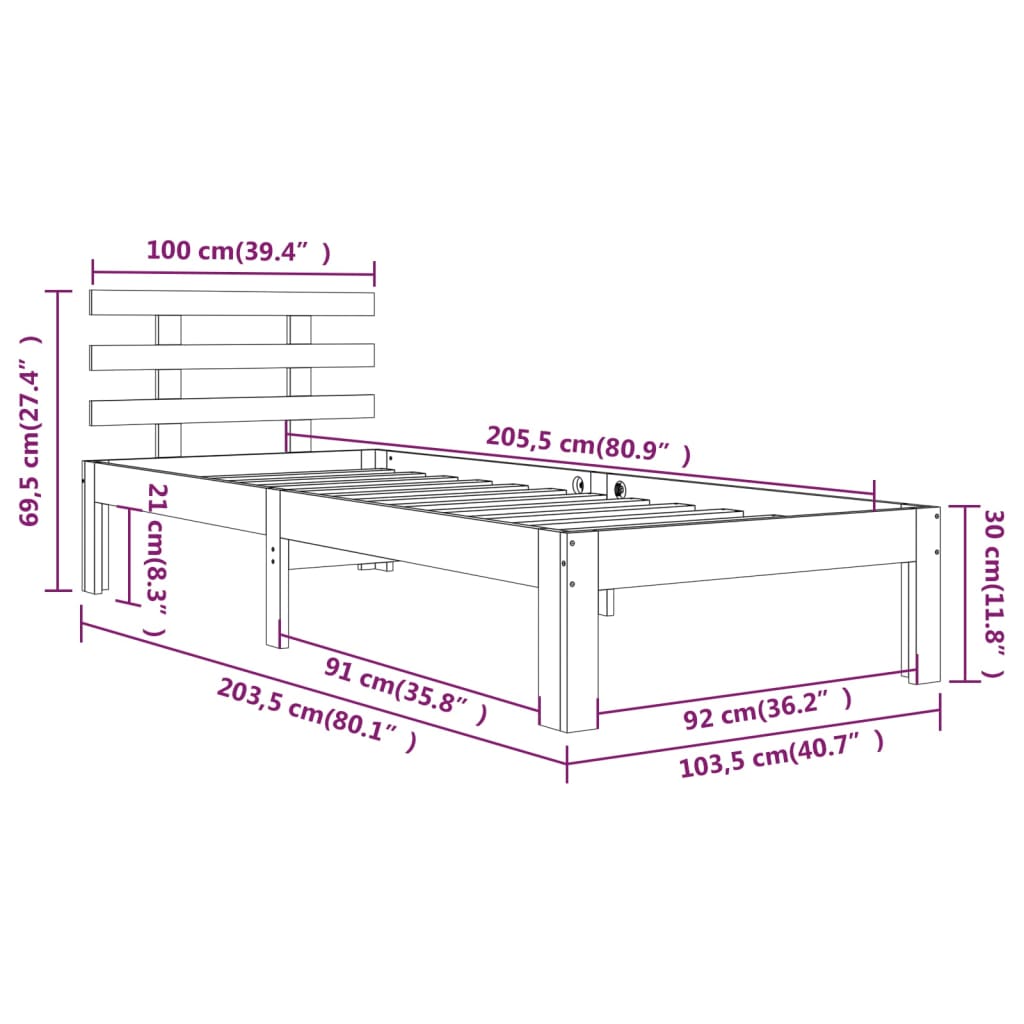 Okvir za krevet od masivnog drva bijeli 100 x 200 cm
