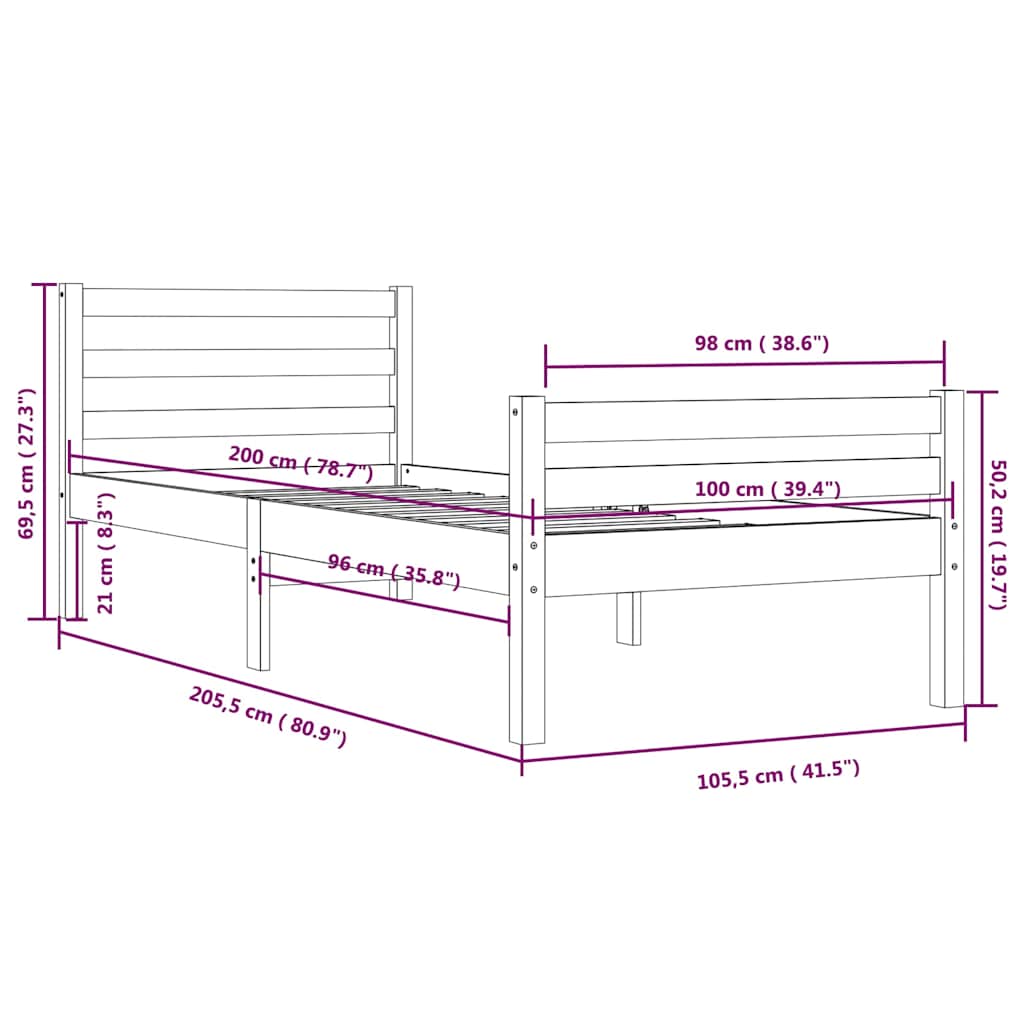 Okvir za krevet od masivnog drva bijeli 100 x 200 cm