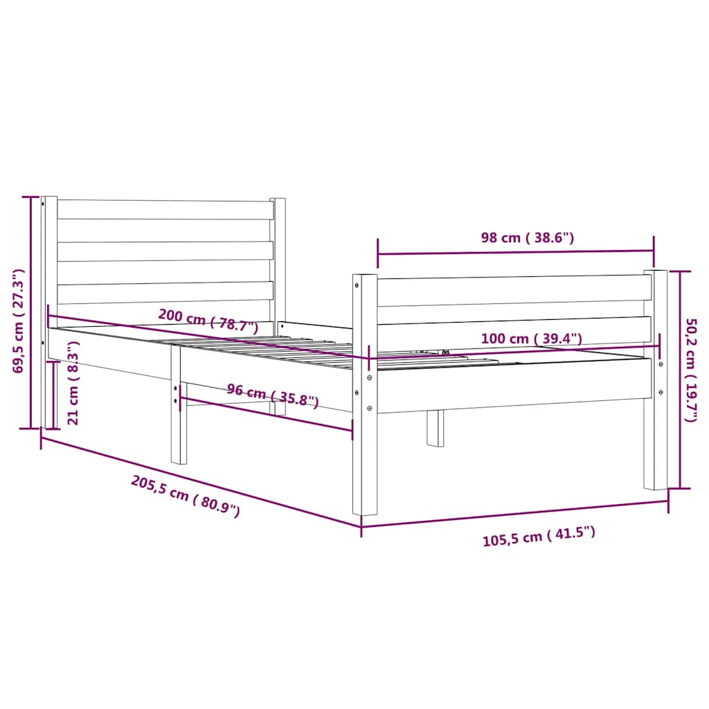 Okvir za krevet od masivnog drva crni 100 x 200 cm