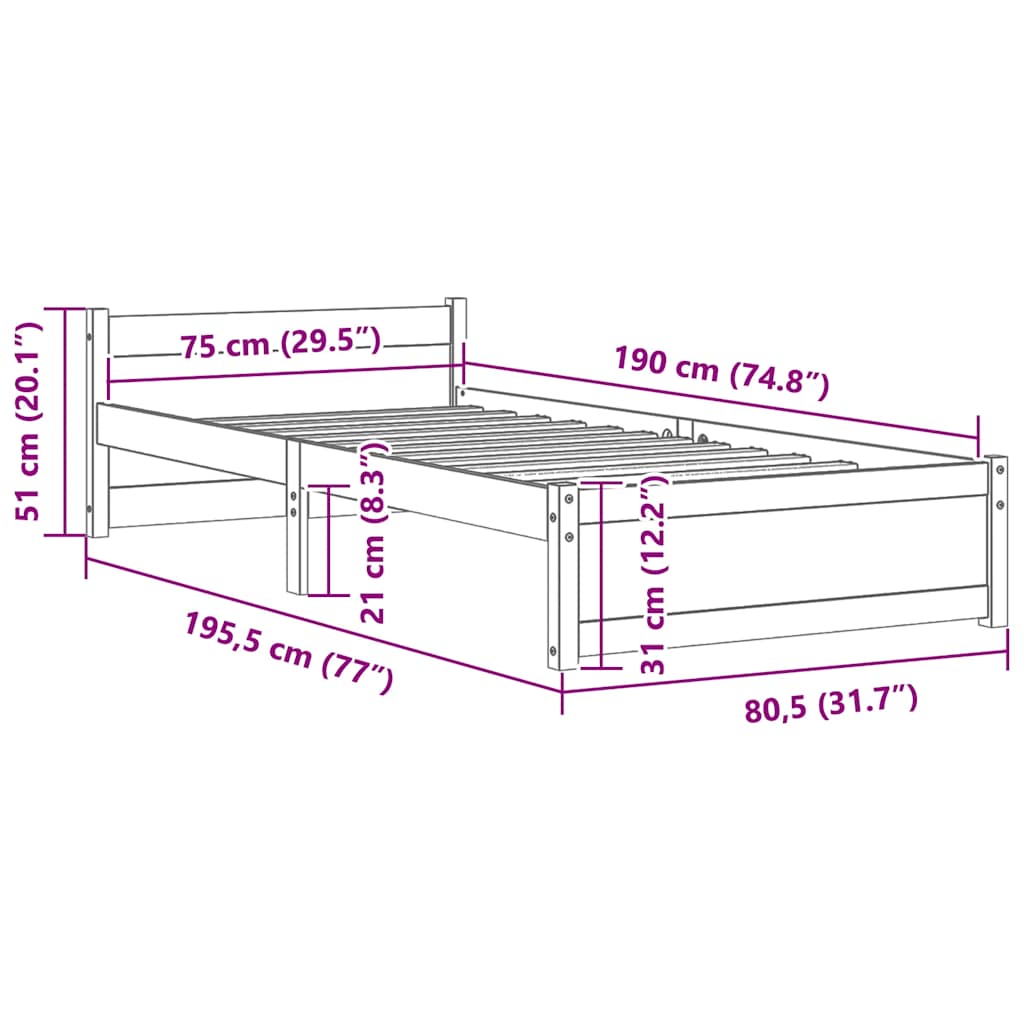 Okvir za krevet od masivnog drva boja meda 75x190 cm mali