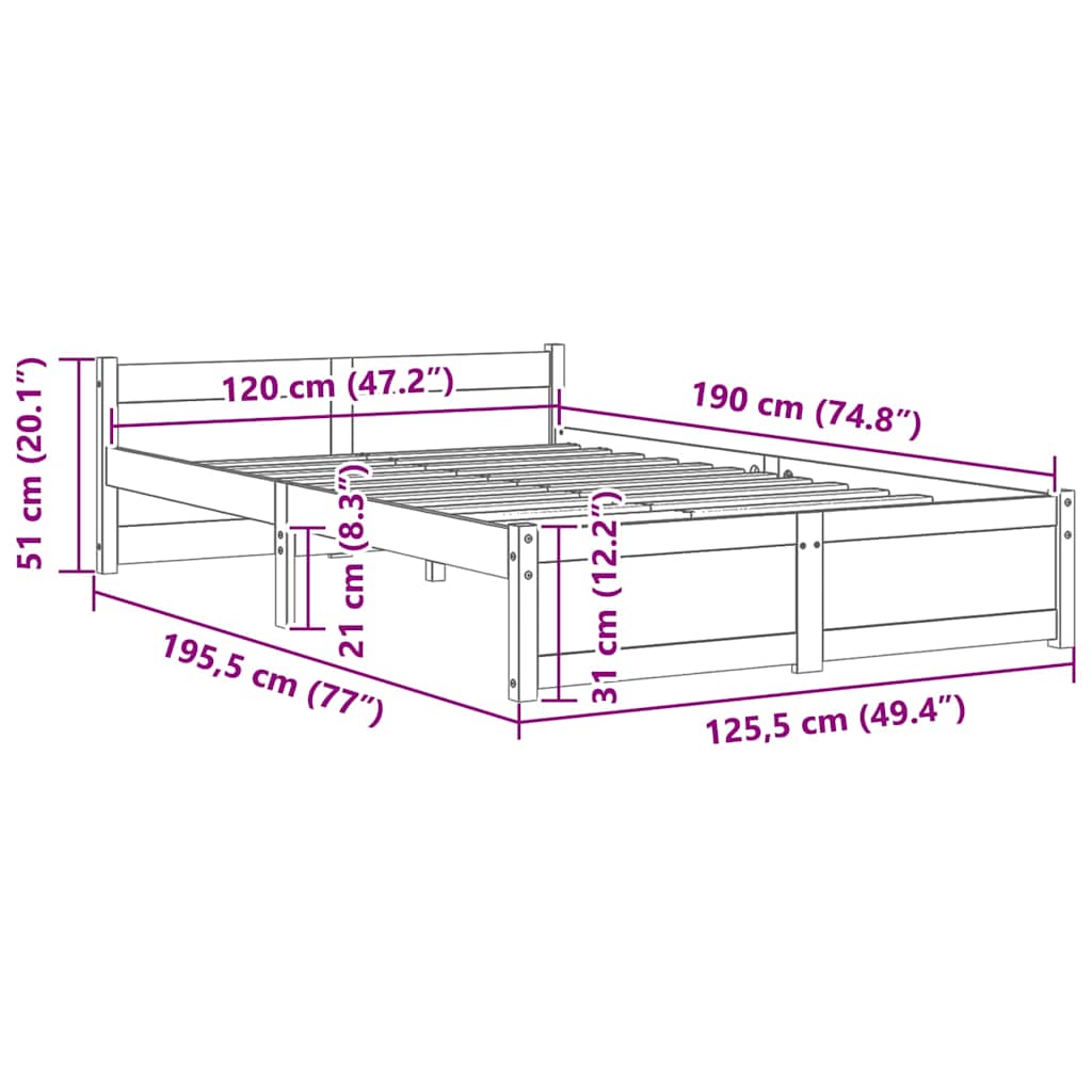 Okvir za krevet od masivnog drva 120 x 190 cm mali bračni