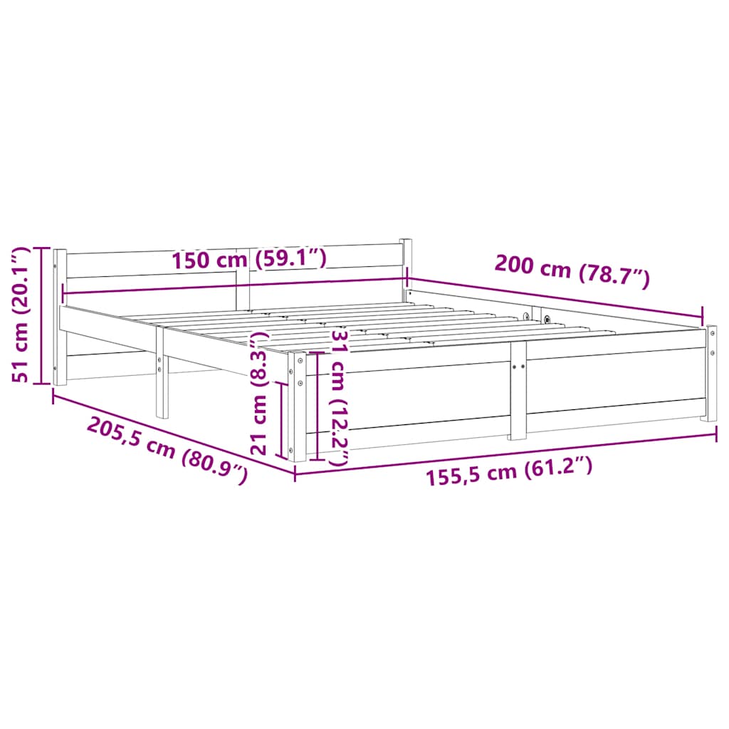 Okvir za krevet od masivnog drva 150 x 200 cm veliki bračni