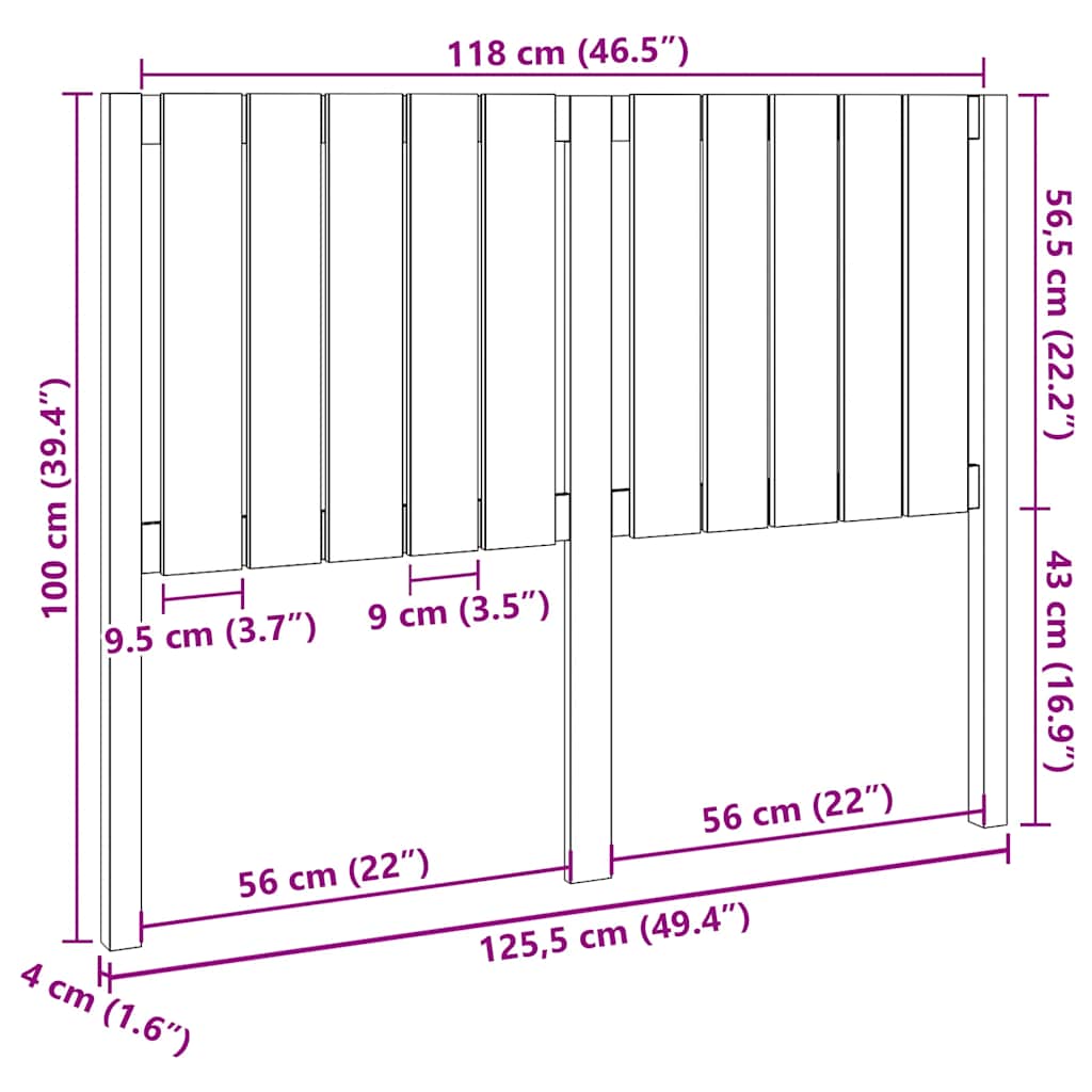 Uzglavlje za krevet crni 125,5 x 4 x 100 cm od masivne borovine