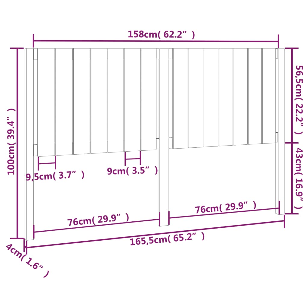 Uzglavlje za krevet crno 165,5 x 4 x 100 cm od masivne borovine