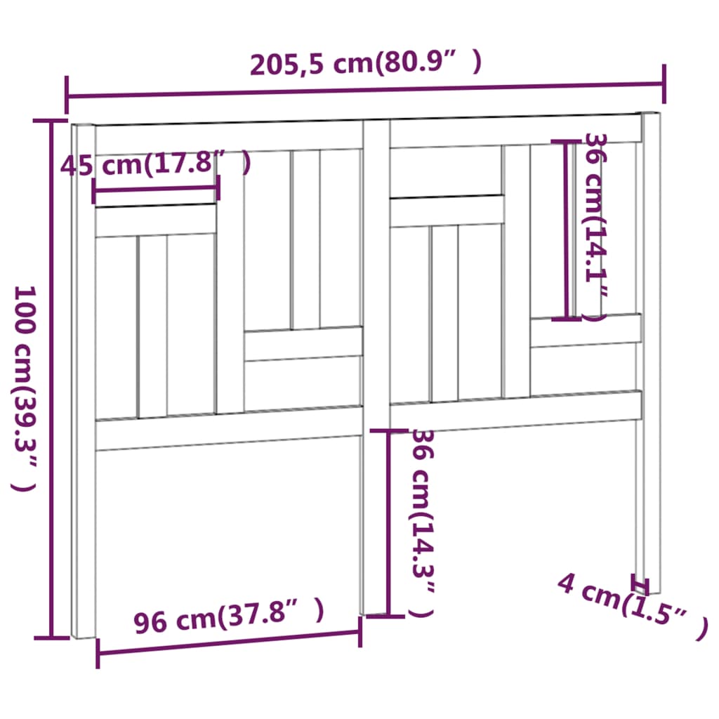 Uzglavlje za krevet crno 205,5 x 4 x 100 cm od masivne borovine