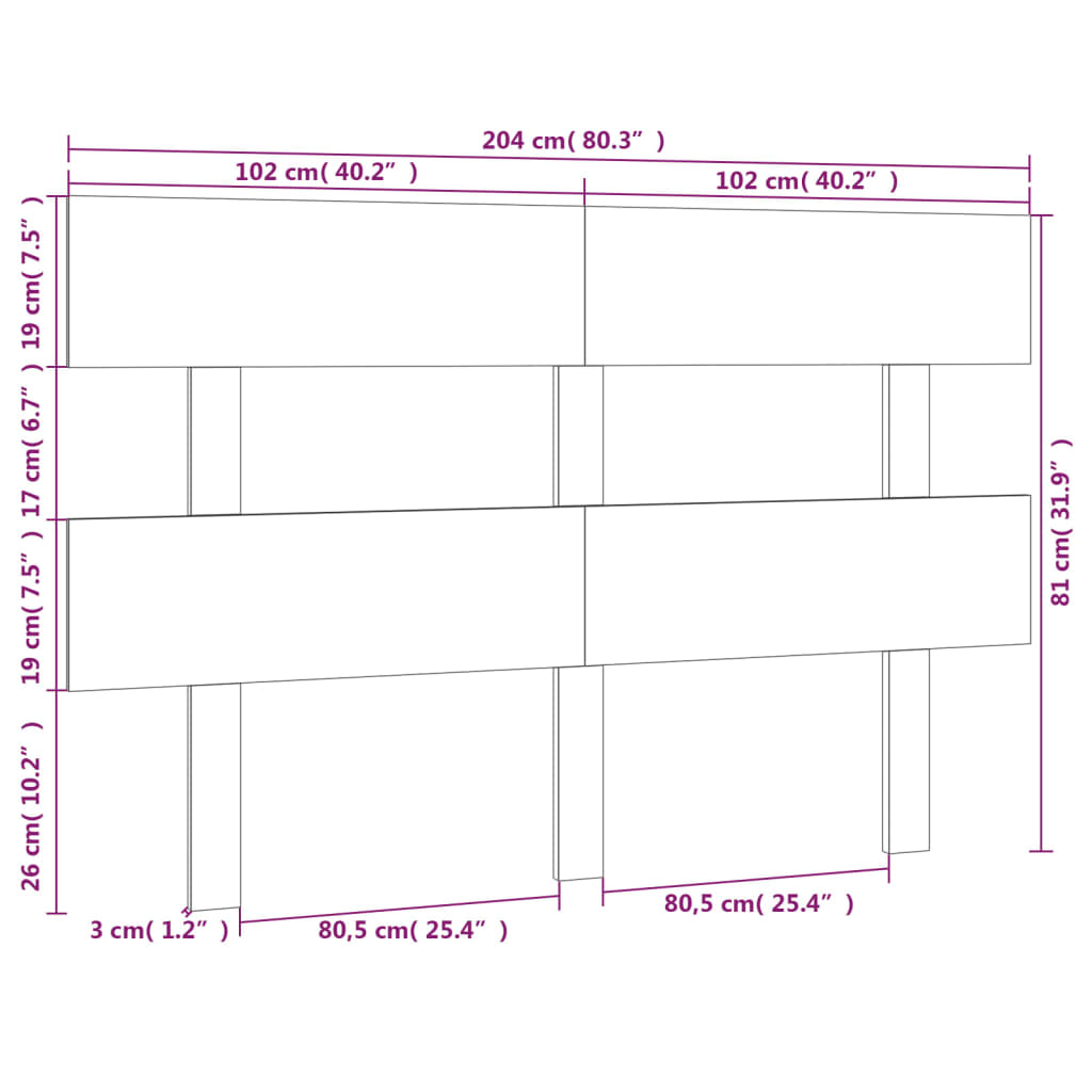 Uzglavlje za krevet crno 204 x 3 x 81 cm od masivne borovine