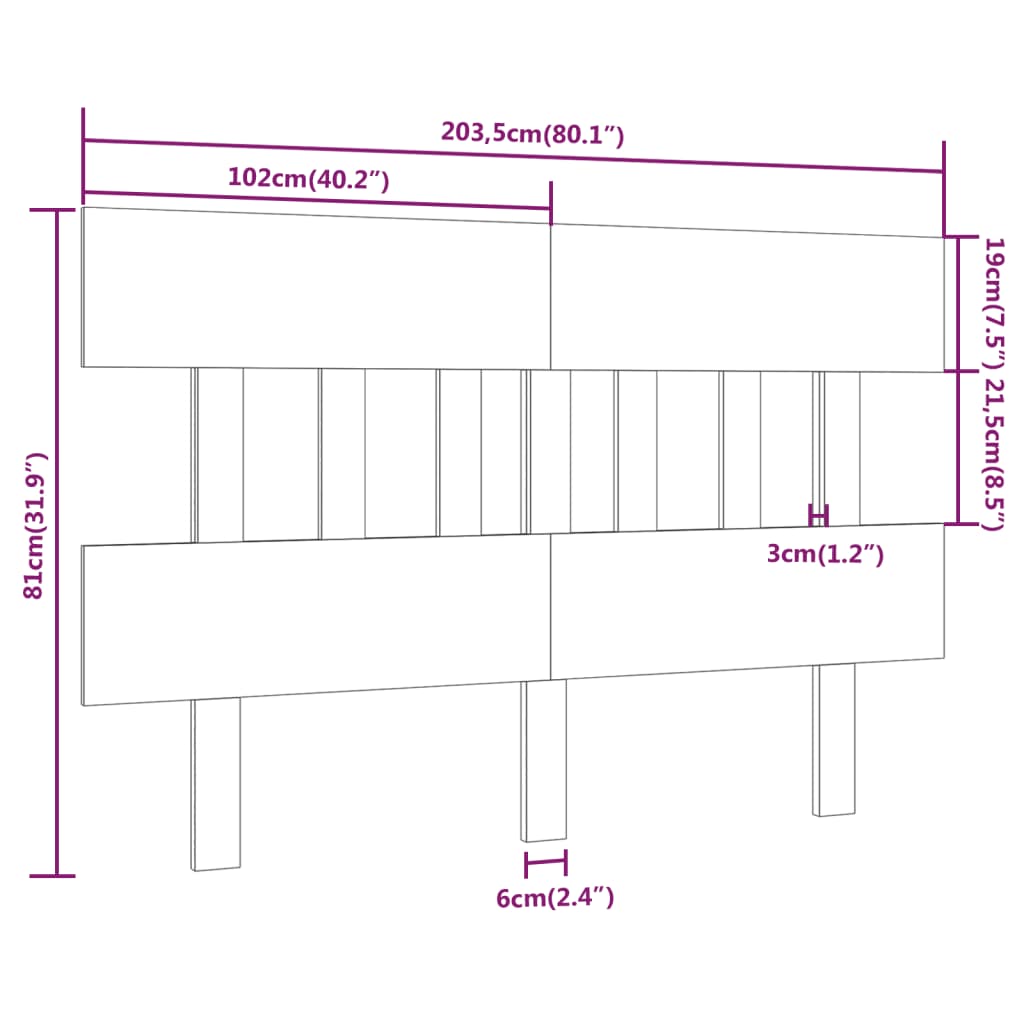 Uzglavlje za krevet crni 203,5x3x81 cm od masivne borovine