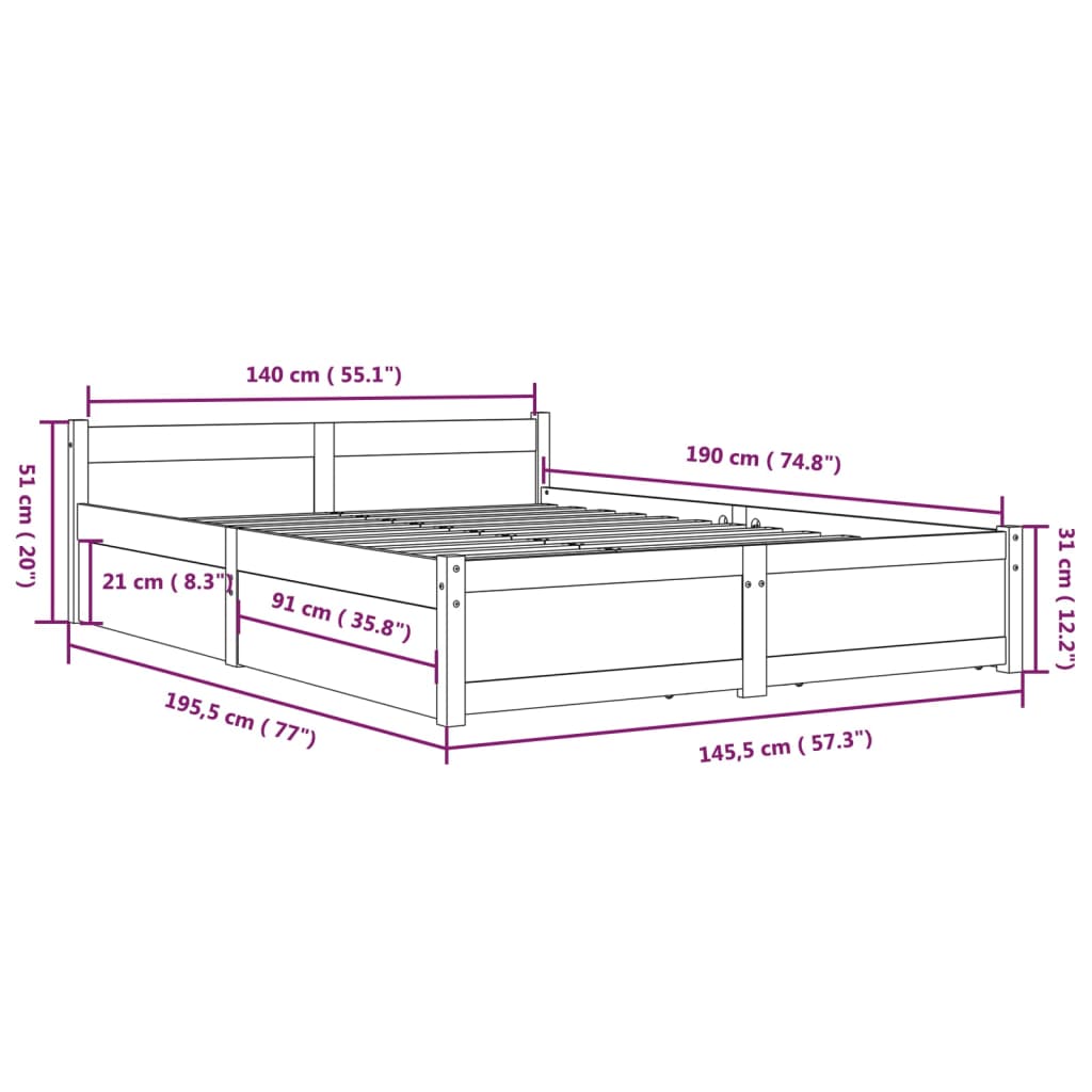 Okvir za krevet s ladicama 140 x 190 cm