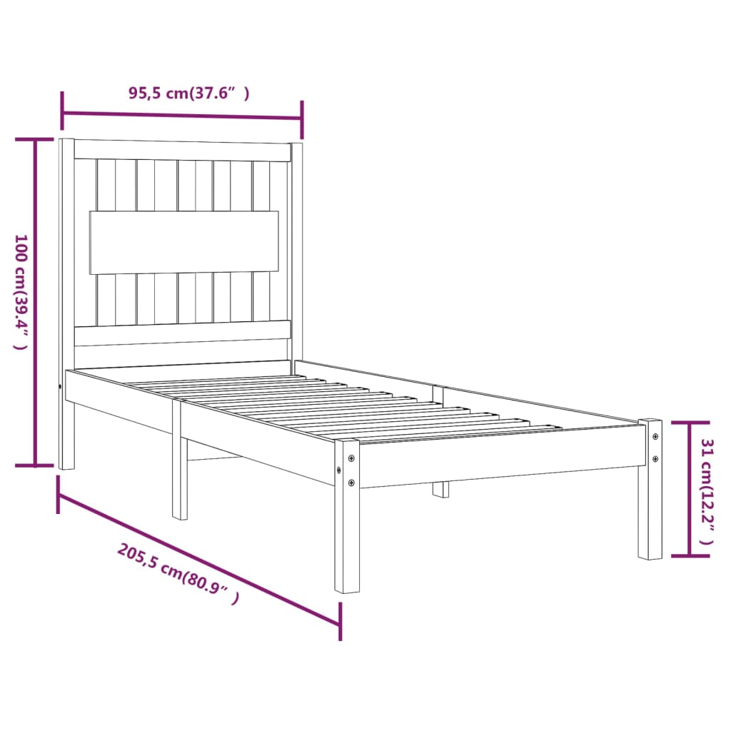 Okvir za krevet od masivne borovine bijeli 90 x 200 cm