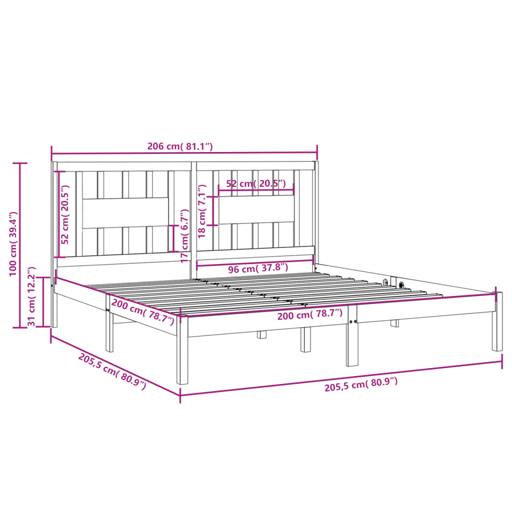 Okvir za krevet od masivne borovine crni 200 x 200 cm