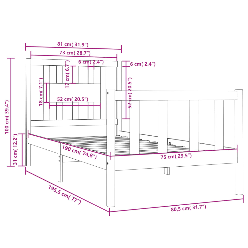 Okvir za krevet od masivnog drva crni 75 x 190 cm mali