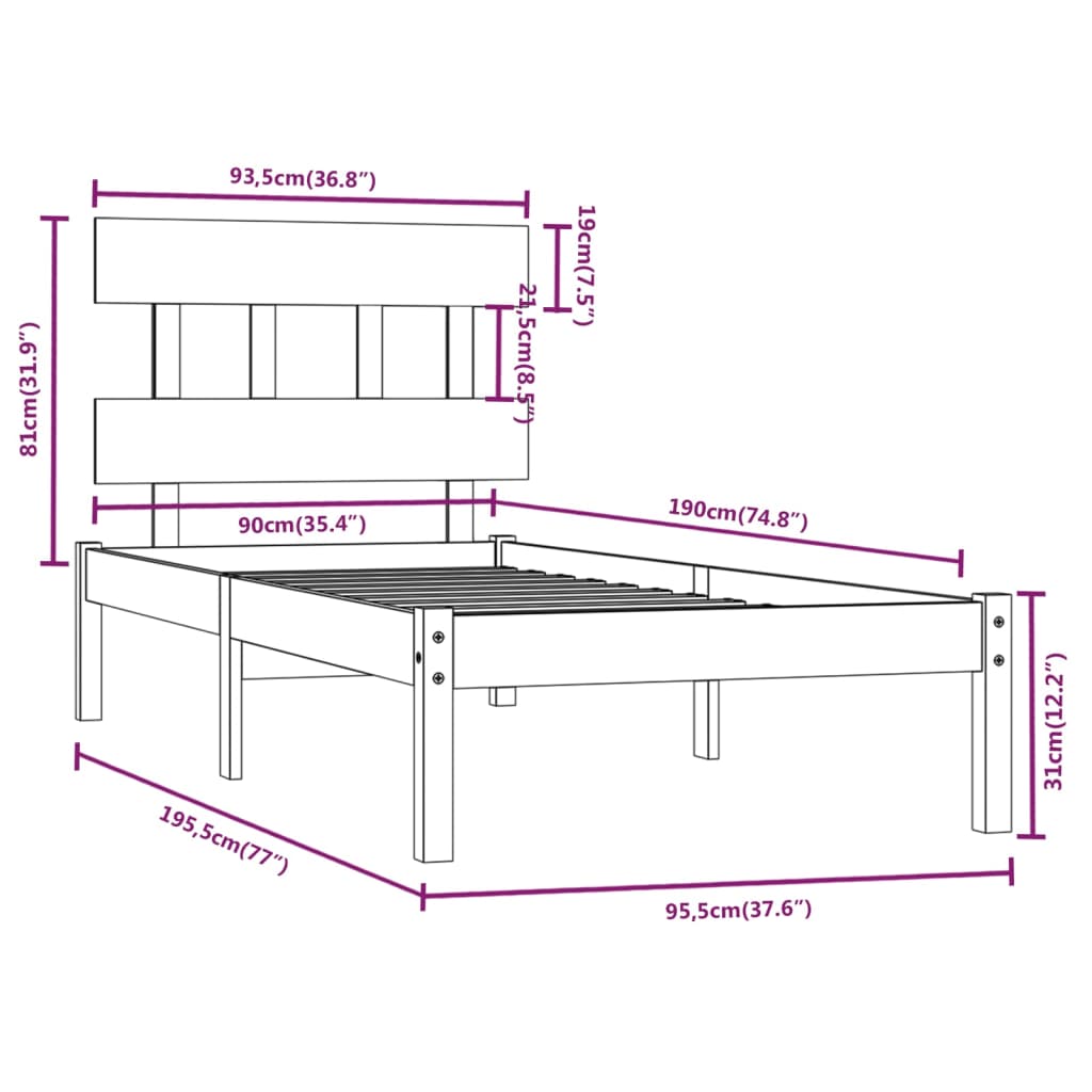 Okvir za krevet od masivnog drva 90 x 190 cm jednokrevetni