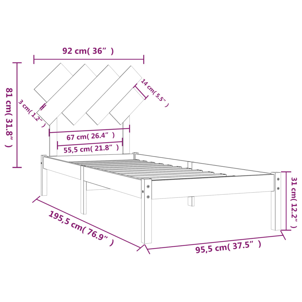 Okvir za krevet 90 x 190 cm jednokrevetni od masivnog drva