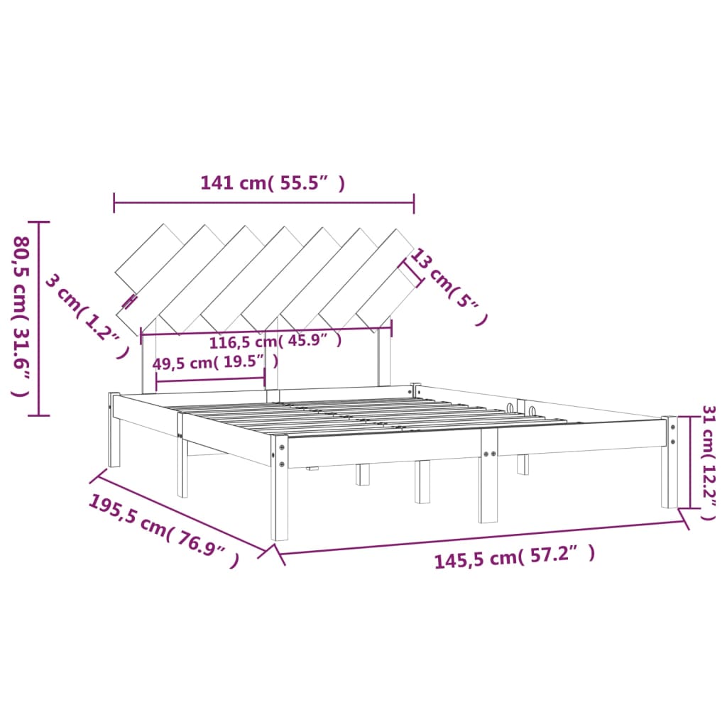 Okvir za krevet crni 140x190 cm od masivnog drva