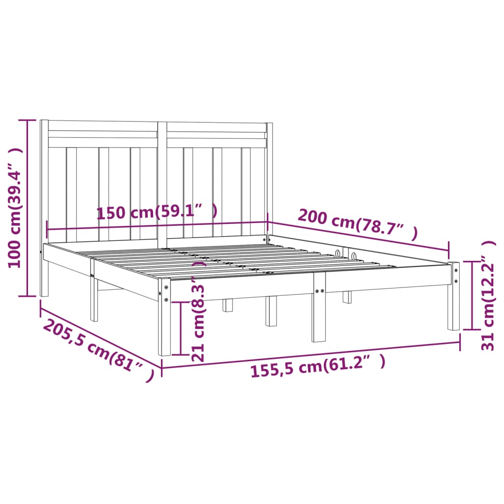 Okvir za krevet od masivnog drva crni 150 x 200 cm veliki