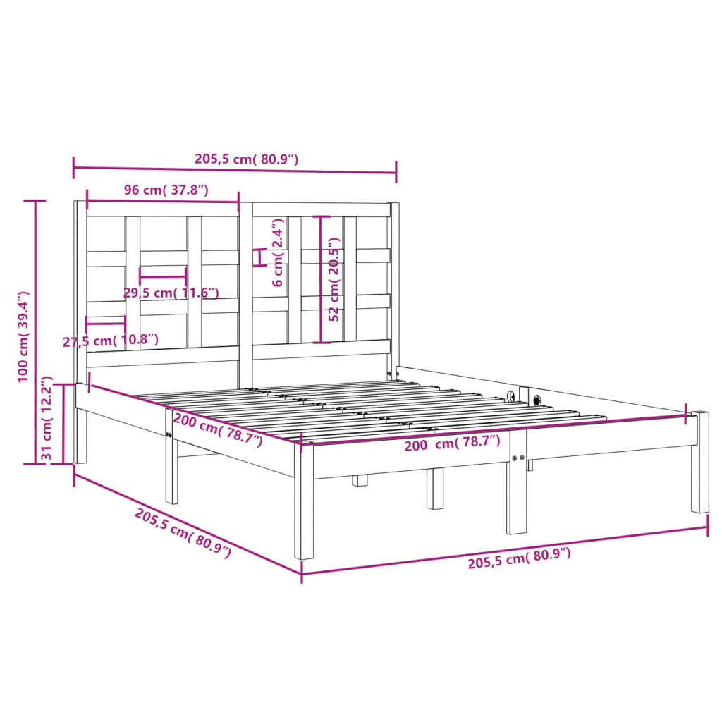 Okvir za krevet od masivne borovine sivi 200 x 200 cm