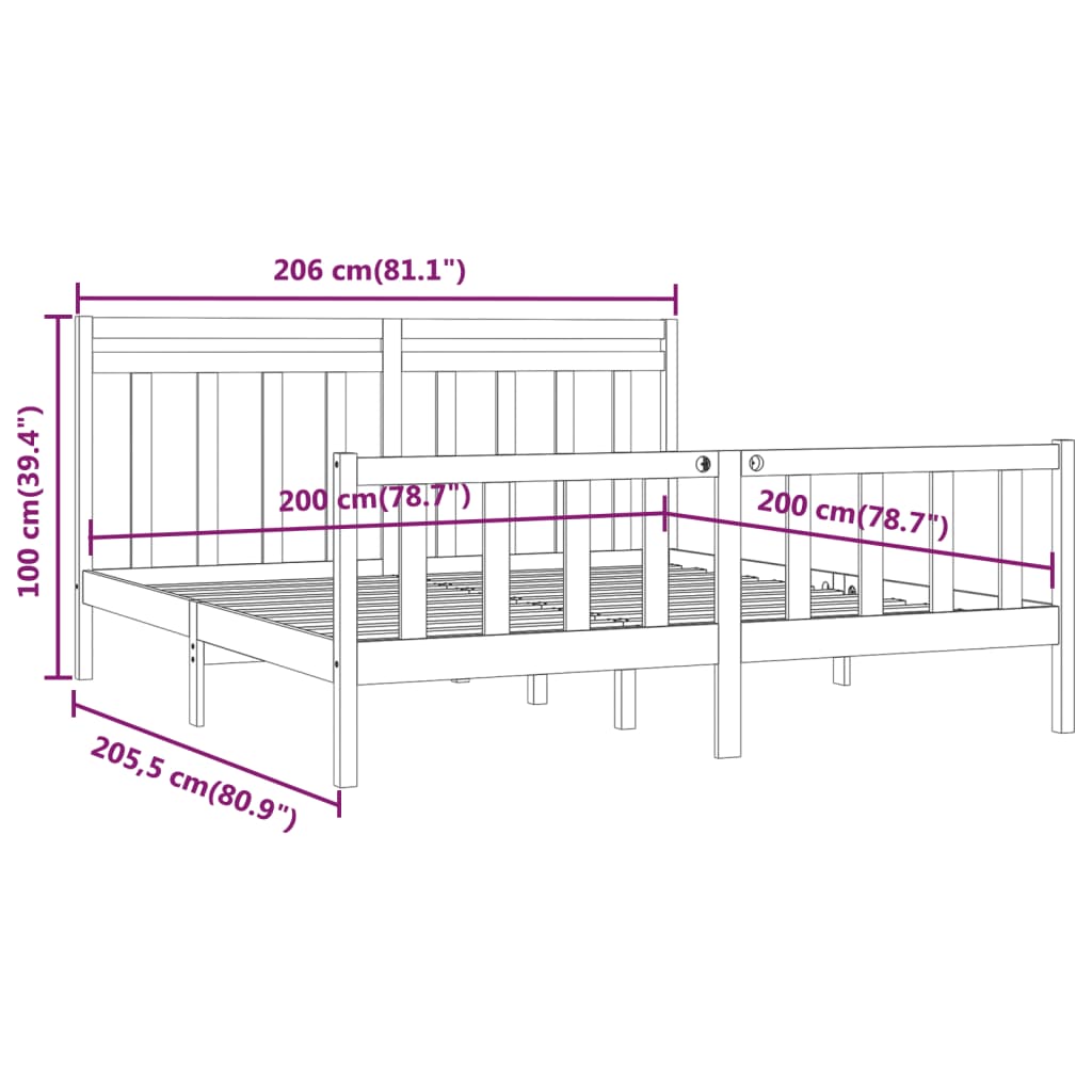 Okvir za krevet od masivne borovine crni 200 x 200 cm