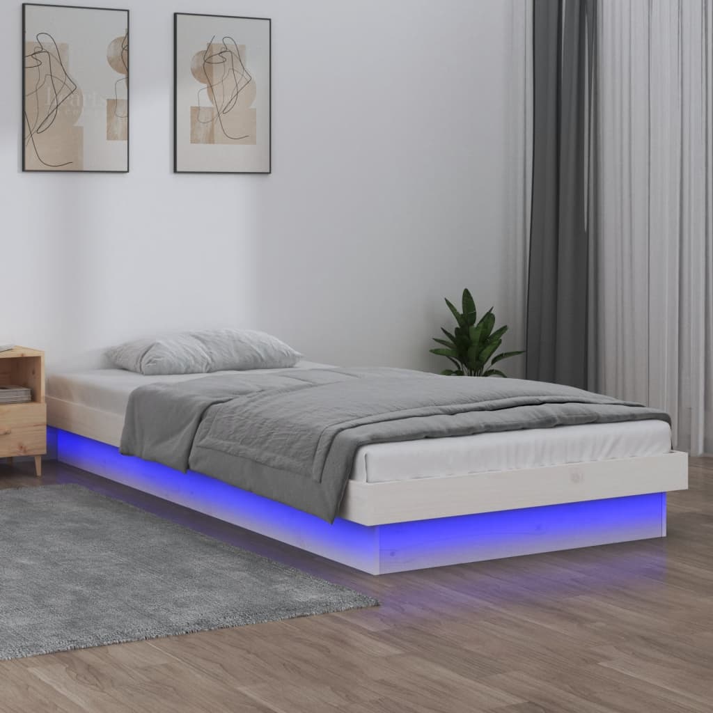 LED okvir kreveta bijeli 90 x 190 cm mali od masivnog drva