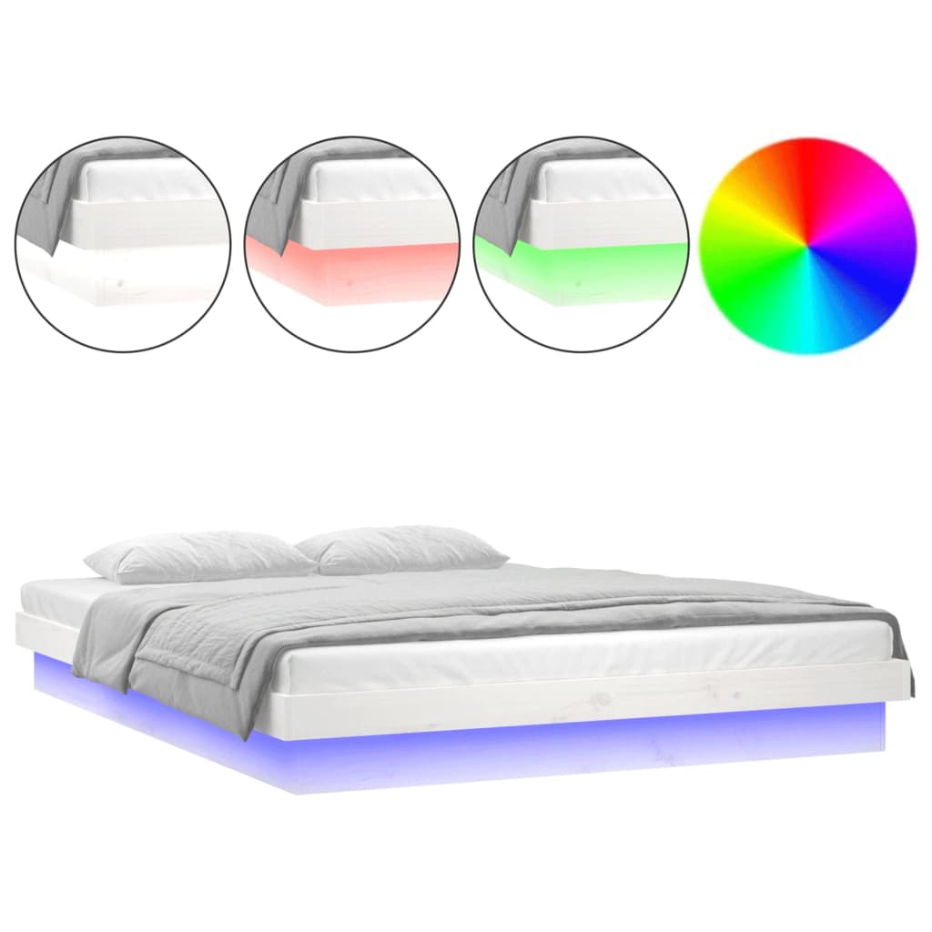LED okvir za krevet bijela 140 x 190 cm od masivnog drva
