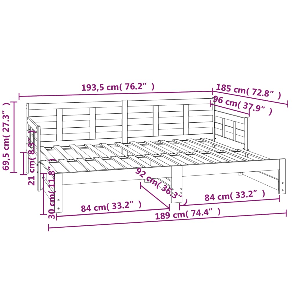 Dnevni ležaj na izvlačenje crni 2x(90x190) cm masivna borovina