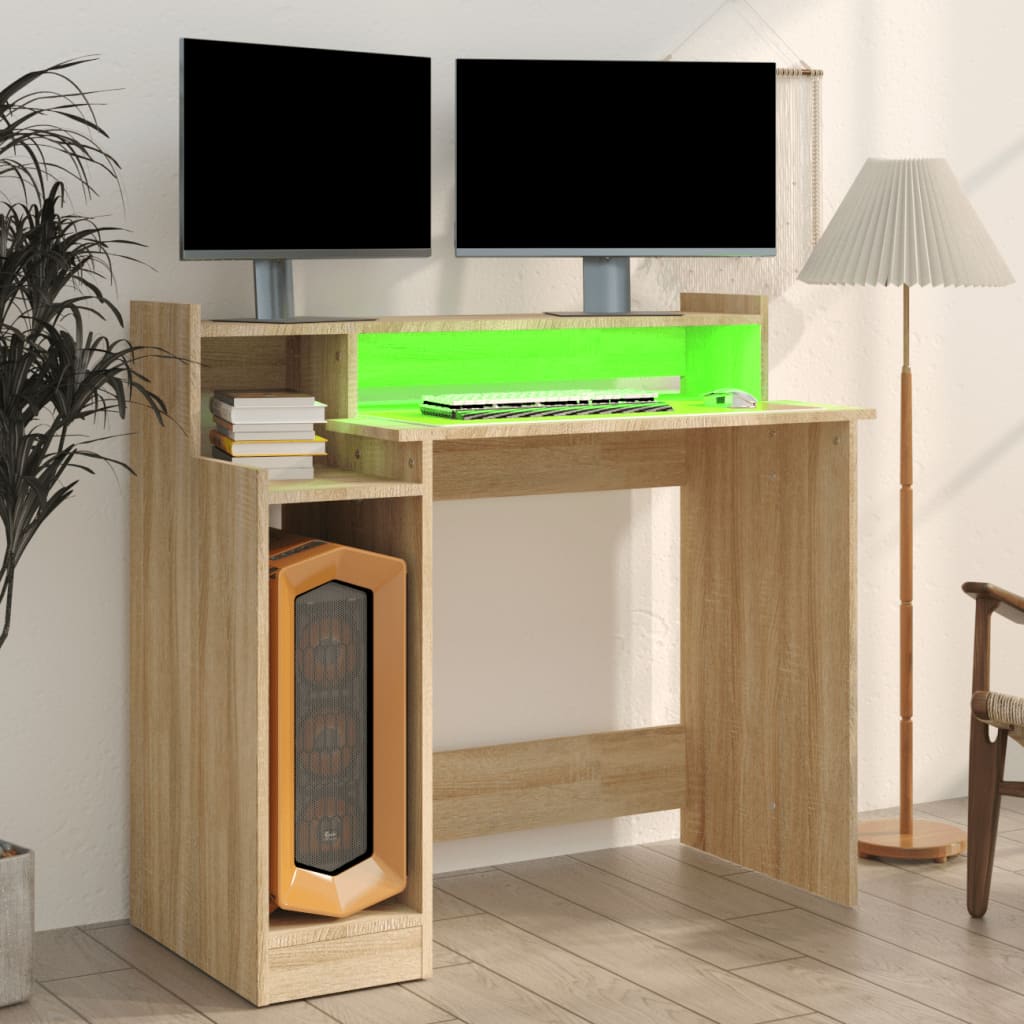 Radni stol s LED svjetlima hrast 97x45x90 cm konstruirano drvo