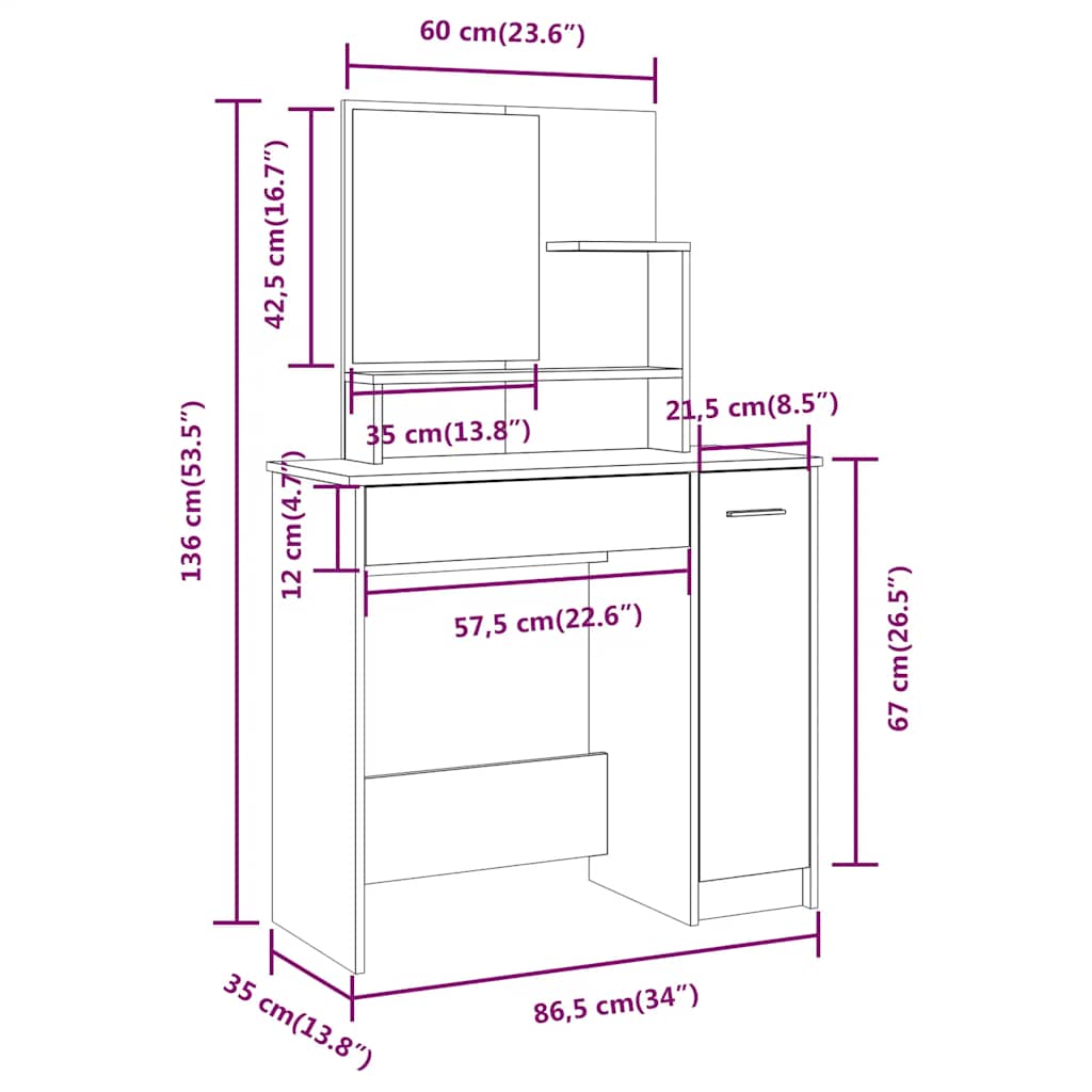 Set toaletni stolić boja bijeli 86,5x35x136 cm