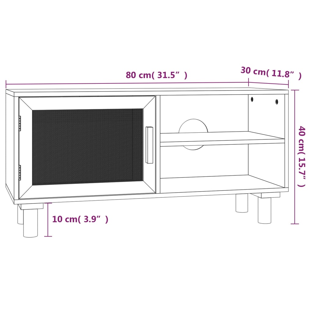 TV ormarić crni 80 x 30 x 40 cm od borovine i prirodnog ratana