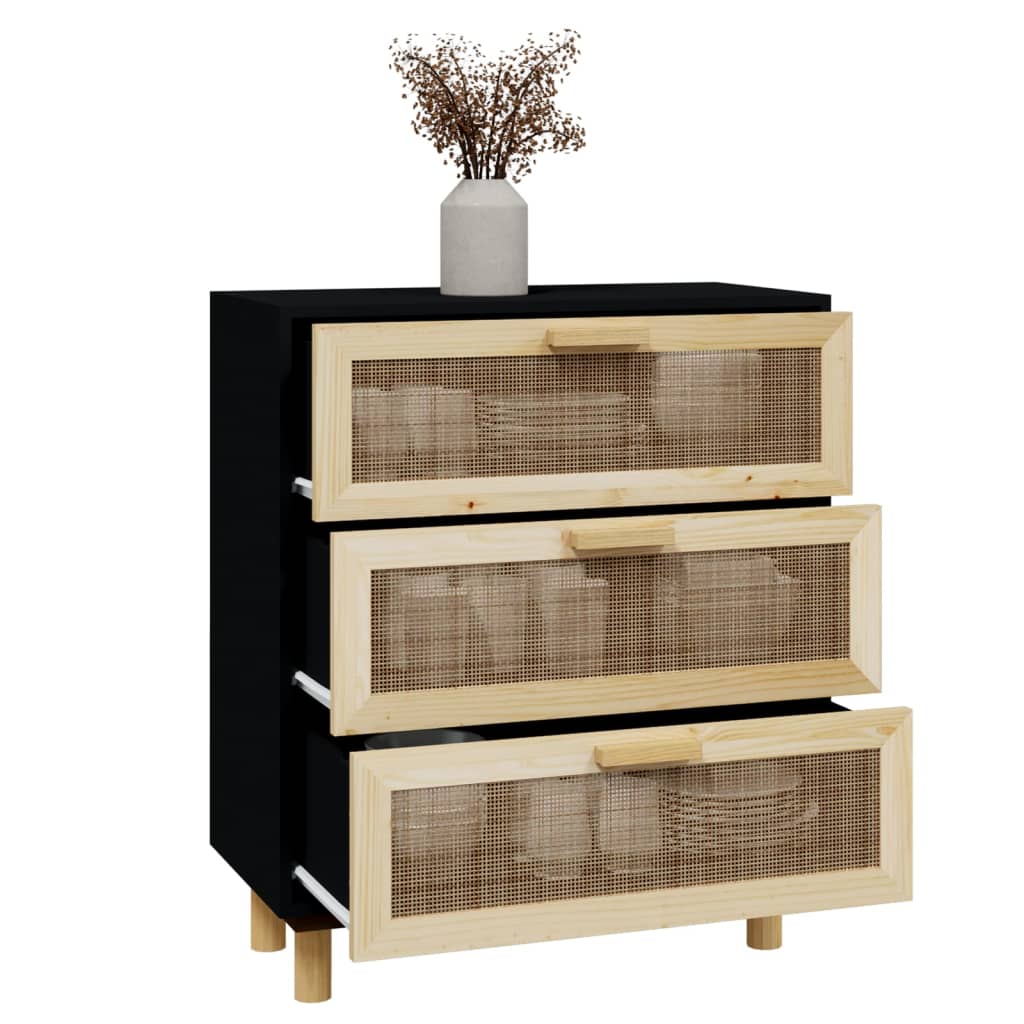 Komoda crna 60 x 30 x 70 cm masivna borovina i prirodni ratan