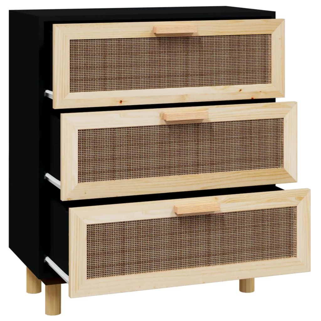 Komoda crna 60 x 30 x 70 cm masivna borovina i prirodni ratan