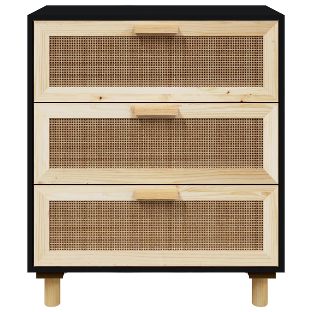 Komoda crna 60 x 30 x 70 cm masivna borovina i prirodni ratan