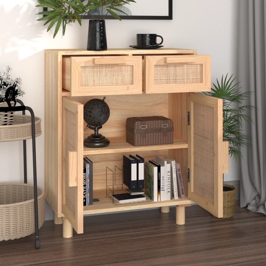 Komoda smeđa 60x30x75 cm masivna borovina i prirodni ratan