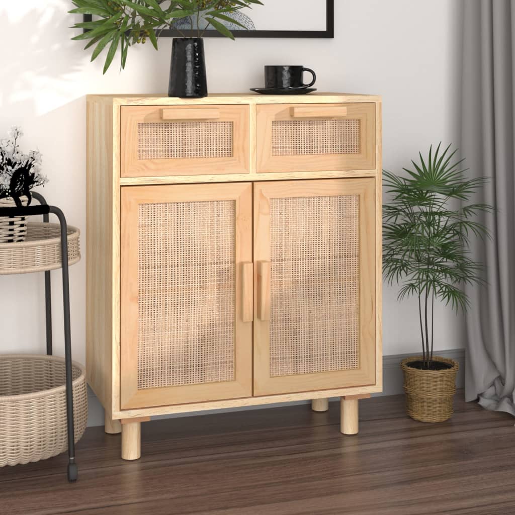 Komoda smeđa 60x30x75 cm masivna borovina i prirodni ratan