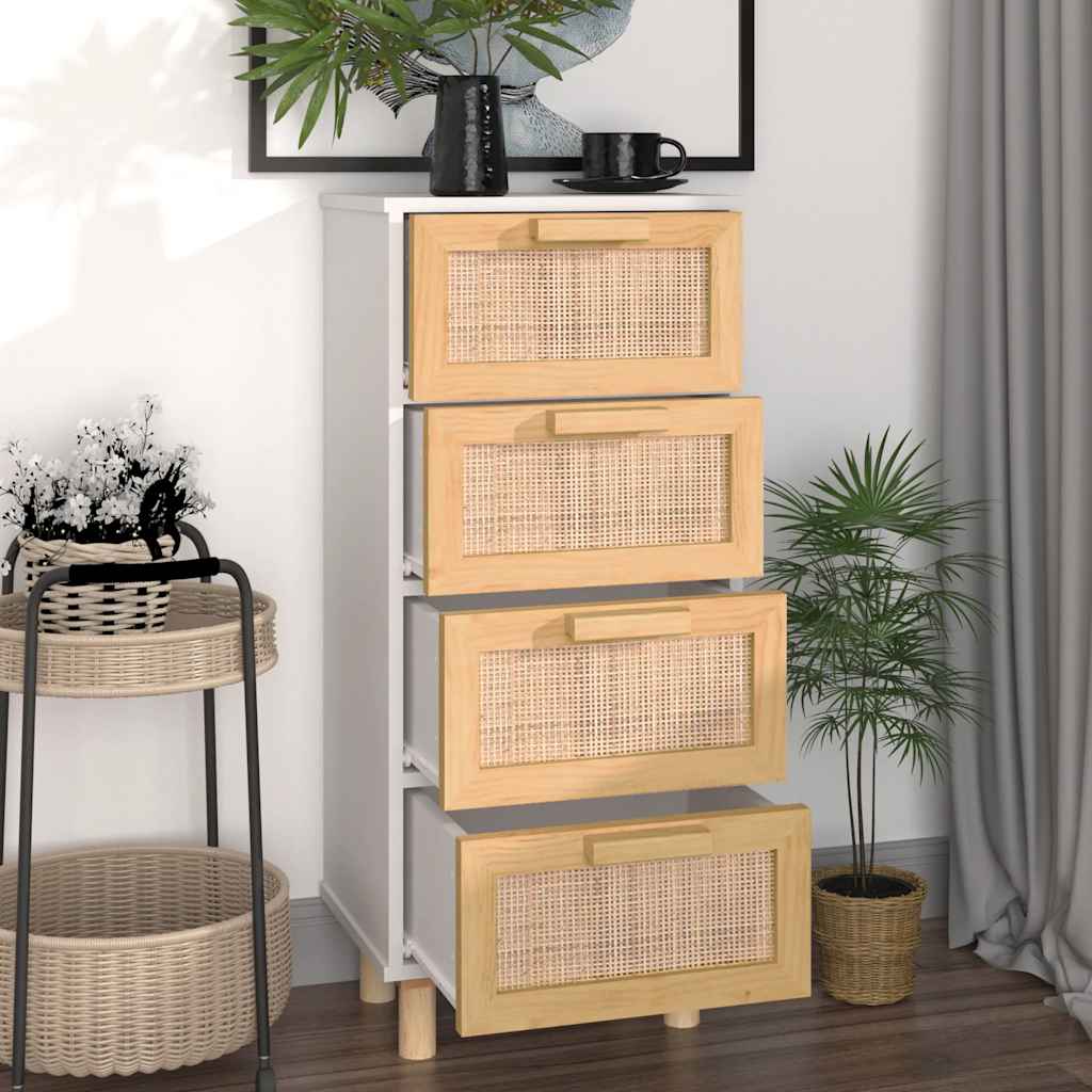Komoda bijela 40 x 30 x 90 cm masivna borovina i prirodni ratan