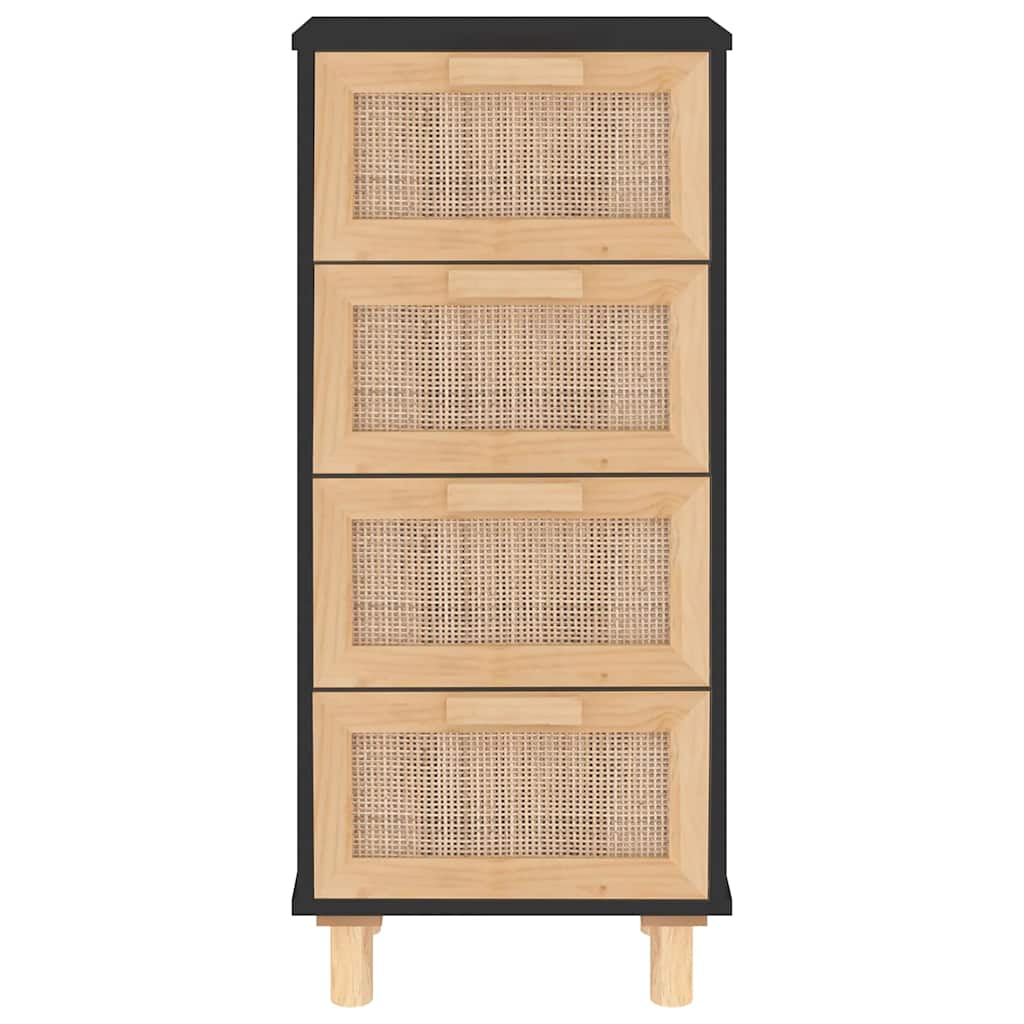 Komoda crna 40x30x90 cm masivna borovina i prirodni ratan