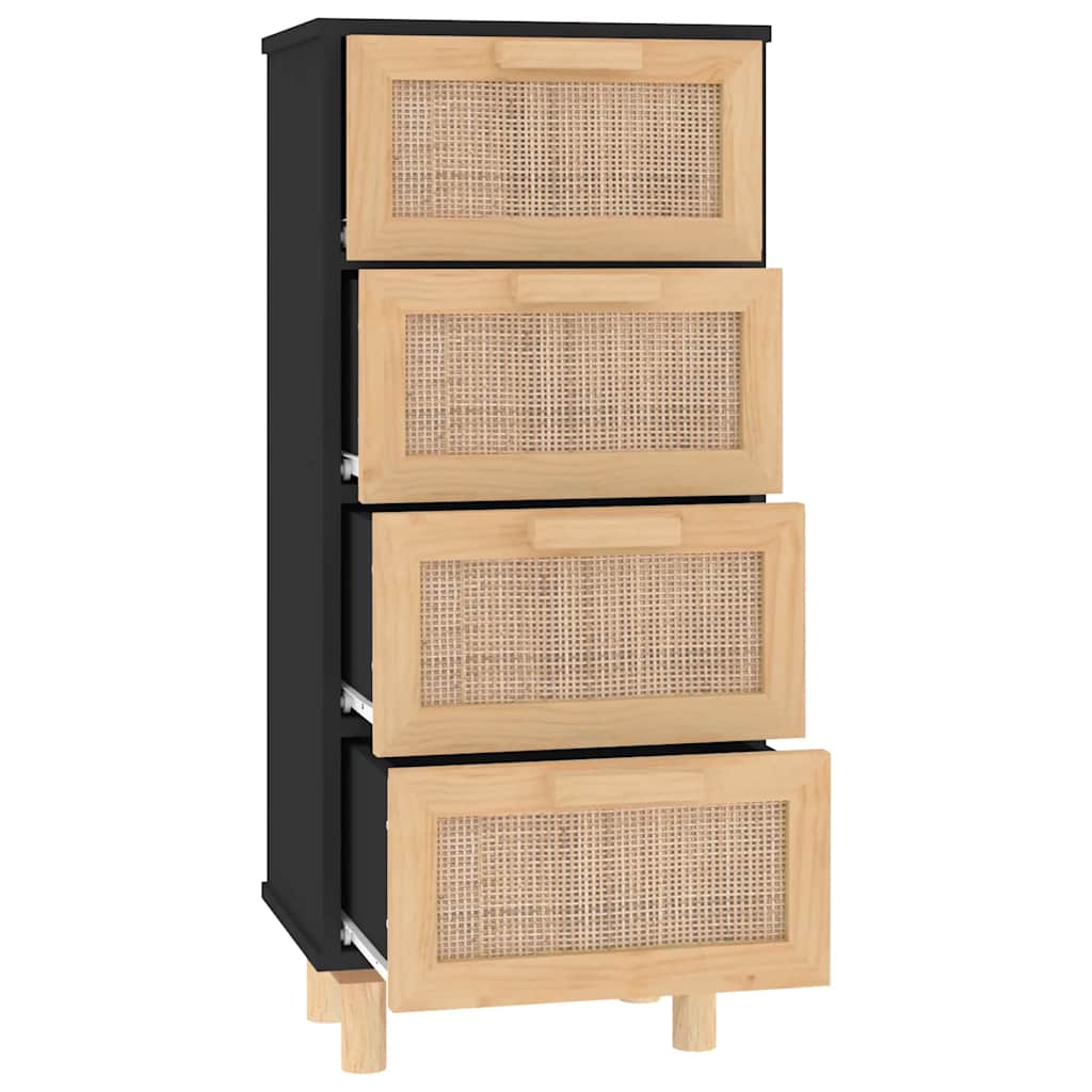 Komoda crna 40x30x90 cm masivna borovina i prirodni ratan