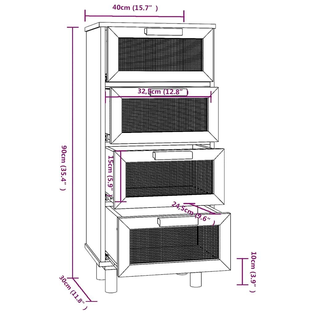 Komoda crna 40x30x90 cm masivna borovina i prirodni ratan