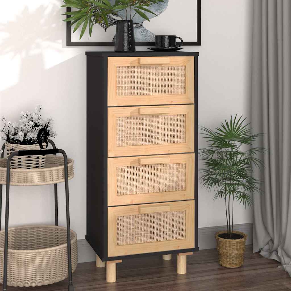 Komoda crna 40x30x90 cm masivna borovina i prirodni ratan