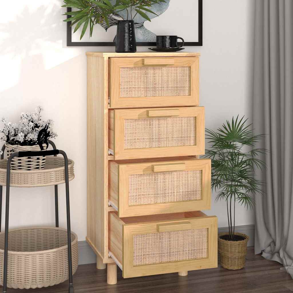 Komoda smeđa 40 x 30 x 90 cm masivna borovina i prirodni ratan