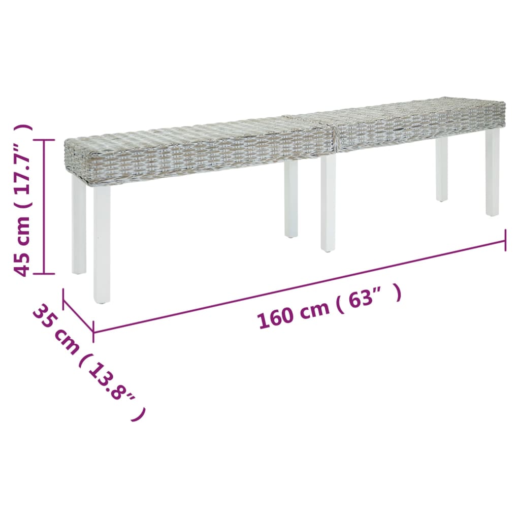 Klupa bijela 160x35x45 cm prirodni kubu ratan i masivno drvo mahagonij