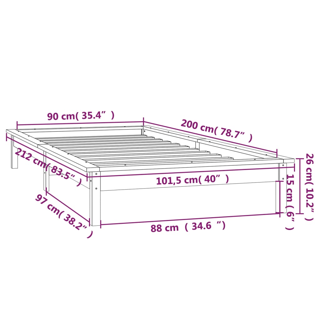 LED okvir za krevet sivi 90 x 200 cm od masivnog drva
