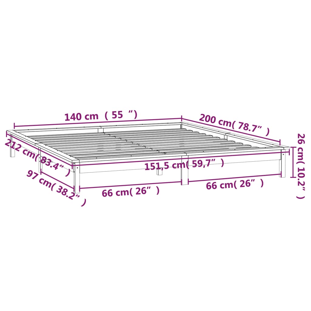 LED Okvir za krevet bijeli 140 x 200 cm od masivnog drva